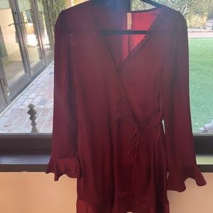 Long sleeve silky v neck mini dress